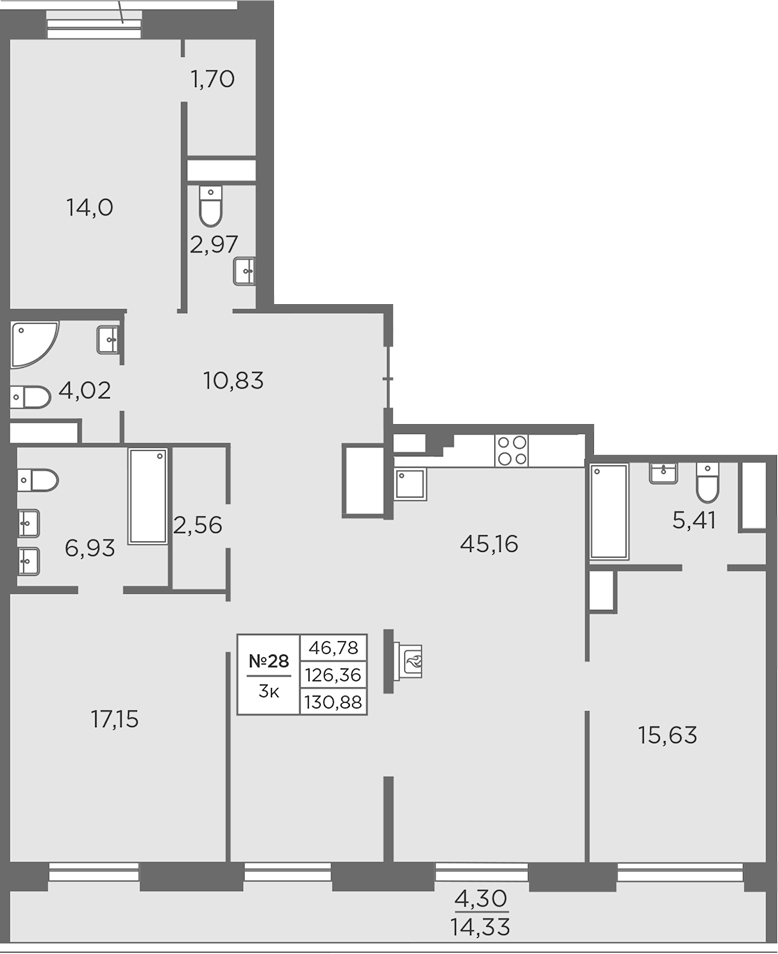 3-комнатная квартира 130.88 м², 7/7 эт., ЖК «Северная Корона»